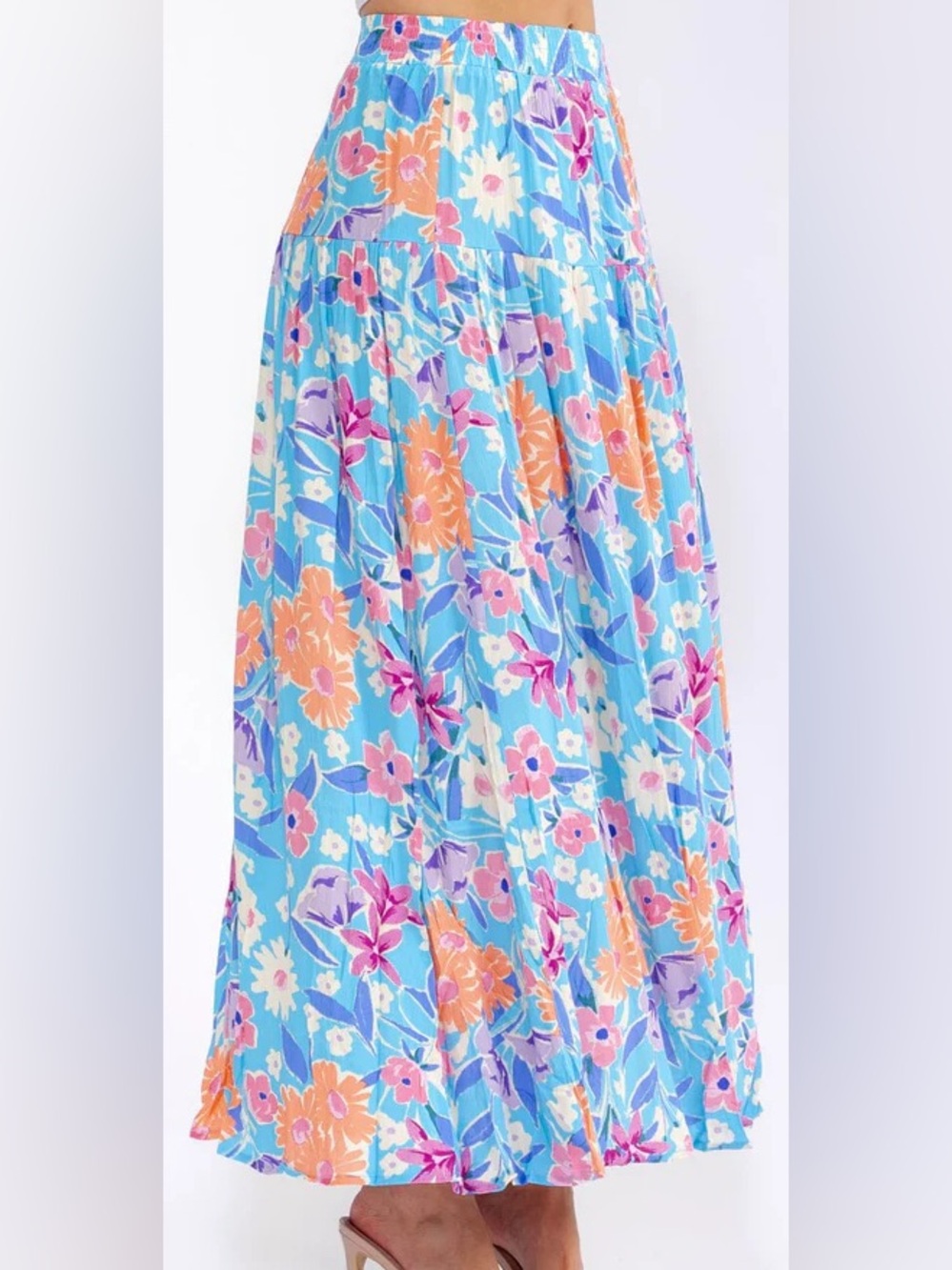 Promesa- Blue Floral Maxi Wrap Skirt with Orange & Pink Blooms various sizes - Picture 5 of 9